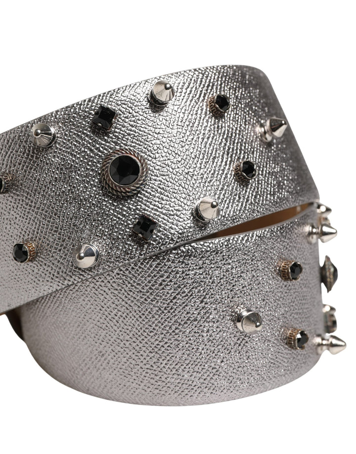 Women’s Dolce &amp; Gabbana Silver Leather Crystal Metal Buckle Belt
