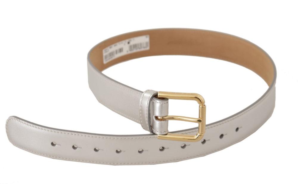 Women’s Dolce & Gabbana Silver Leather Gold Tone Logo Metal Buckle Belt