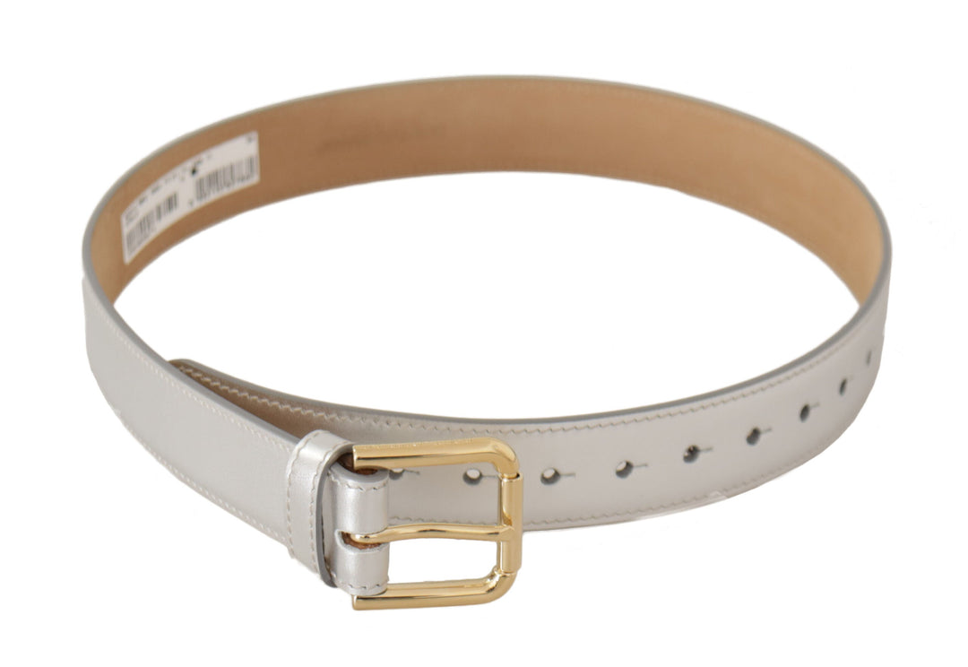 Women’s Dolce & Gabbana Silver Leather Gold Tone Logo Metal Buckle Belt