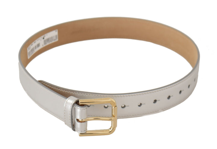 Women’s Dolce &amp; Gabbana Silver Leather Gold Tone Logo Metal Buckle Belt