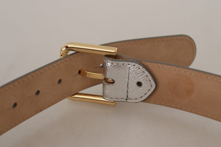 Women’s Dolce &amp; Gabbana Silver Leather Gold Tone Logo Metal Waist Buckle Belt