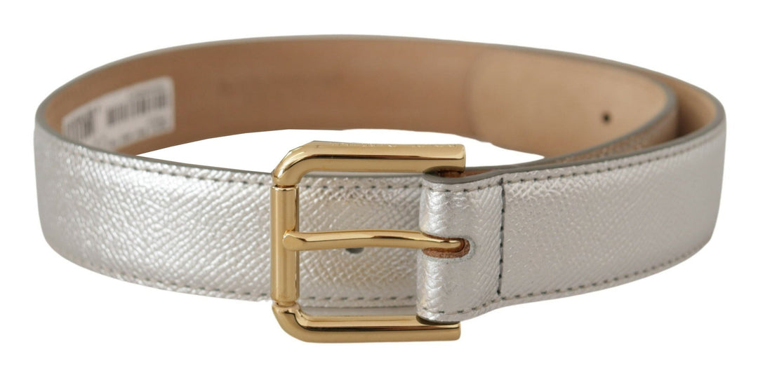 Women’s Dolce &amp; Gabbana Silver Leather Gold Tone Logo Metal Waist Buckle Belt
