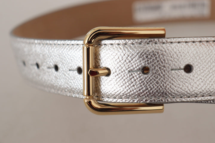 Women’s Dolce &amp; Gabbana Silver Leather Gold Tone Logo Metal Waist Buckle Belt