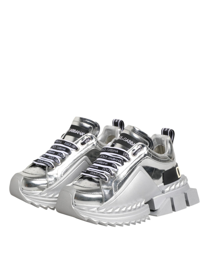 Dolce &amp; Gabbana Silver Leather Super Queen Sneakers Shoes