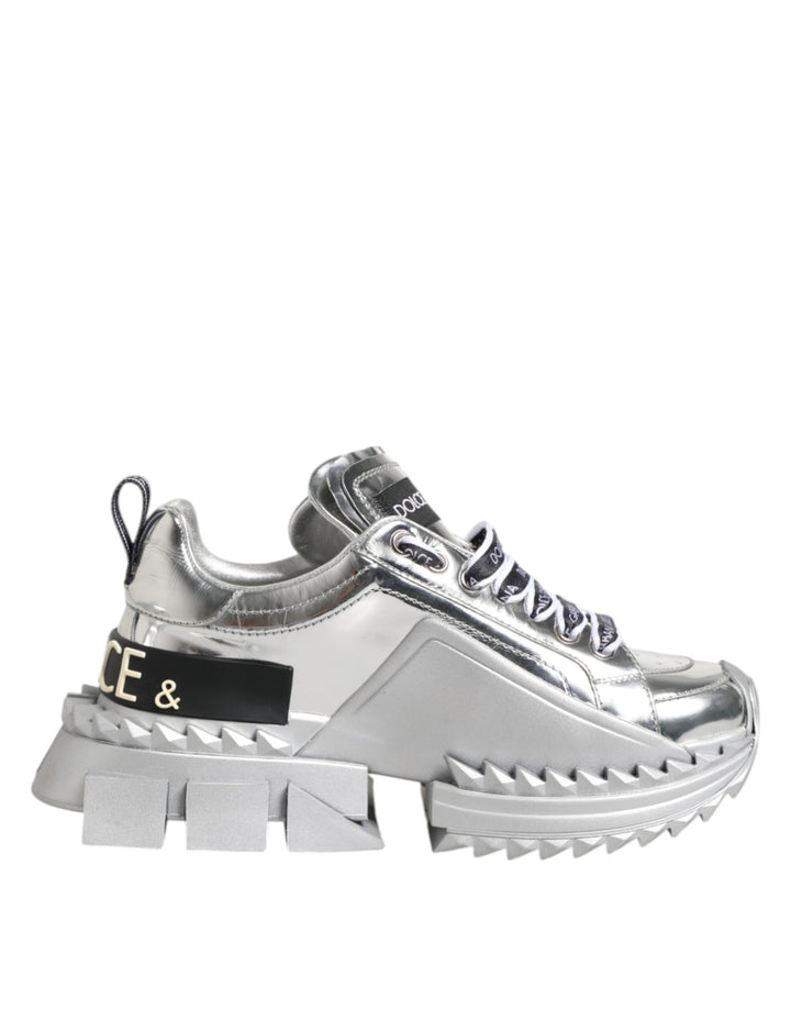 Dolce &amp; Gabbana Silver Leather Super Queen Sneakers Shoes