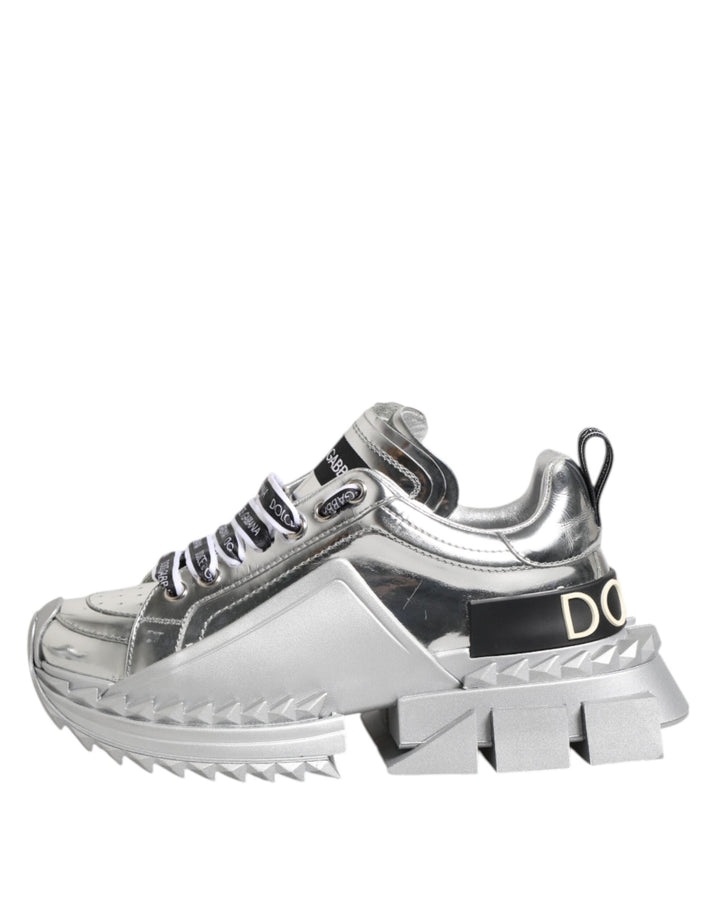 Dolce &amp; Gabbana Silver Leather Super Queen Sneakers Shoes