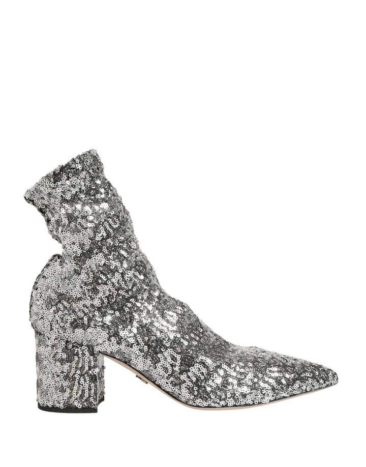 Dolce &amp; Gabbana Silver Sequined Short Boots Stretch Shoes