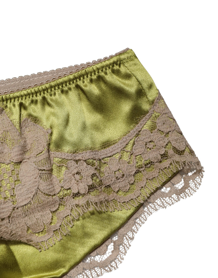 Women’s Dolce &amp; Gabbana Underwear Green Silk Satin Floral Lace Panty Brief