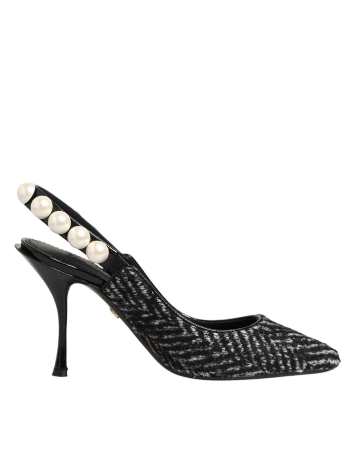 Women’s Dolce &amp; Gabbana White Black Chevron Faux Pearl Slingbacks Shoes