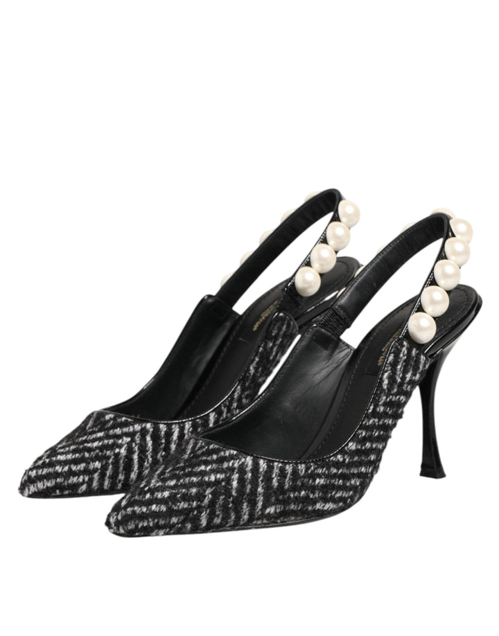 Women’s Dolce &amp; Gabbana White Black Chevron Faux Pearl Slingbacks Shoes