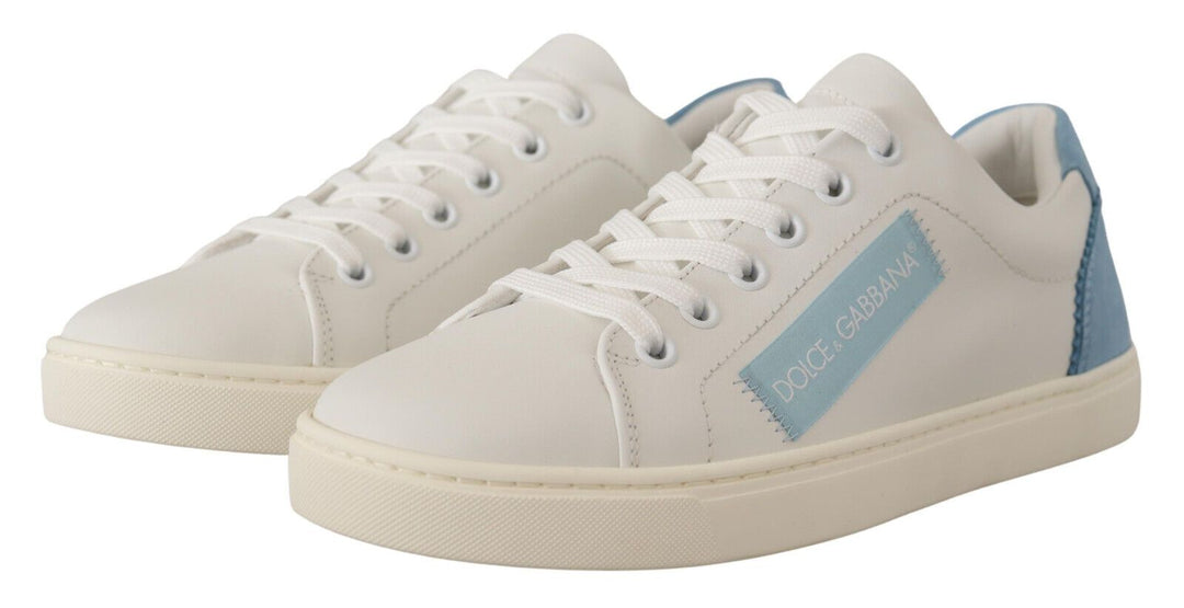 Dolce &amp; Gabbana White Blue Leather Low Top Sneakers Shoes