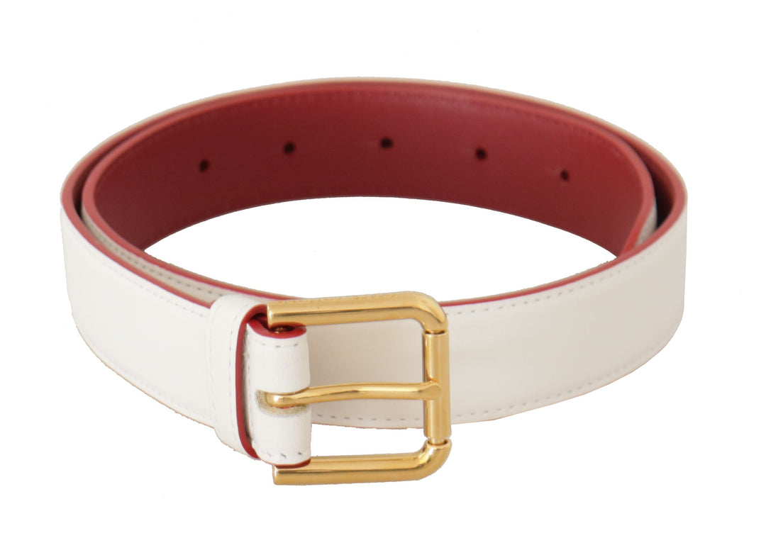 Women’s Dolce &amp; Gabbana White Calf Leather Two-toned Gold Metal Buckle Belt
