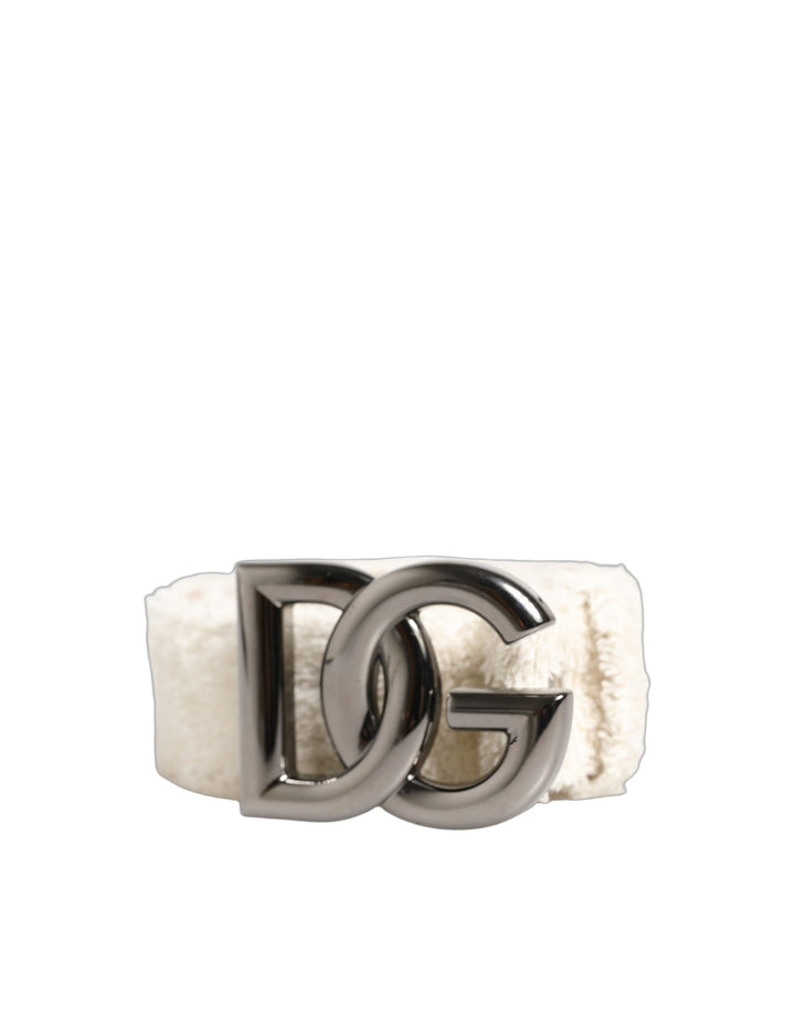 Women’s Dolce &amp; Gabbana White Cotton Fleece Dg Logo Metal Buckle Belt