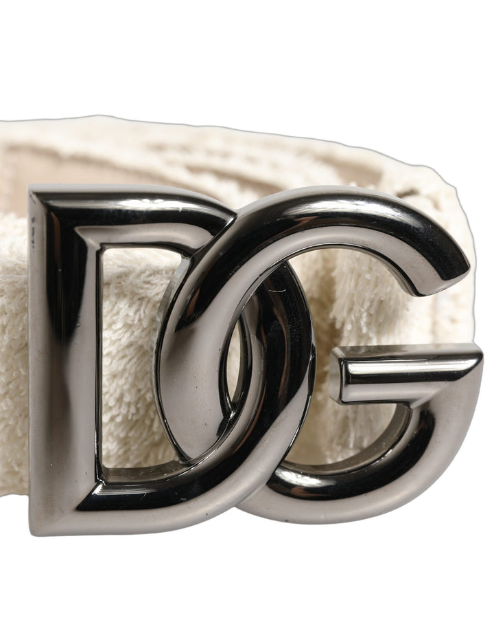Women’s Dolce &amp; Gabbana White Cotton Fleece Dg Logo Metal Buckle Belt