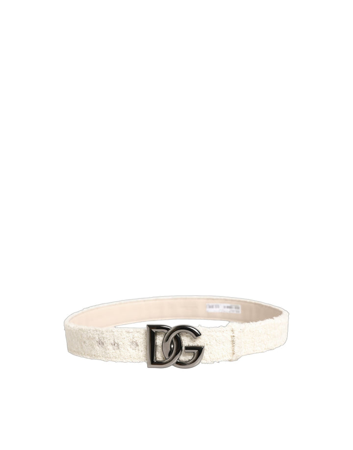 Women’s Dolce &amp; Gabbana White Cotton Fleece Dg Logo Metal Buckle Belt
