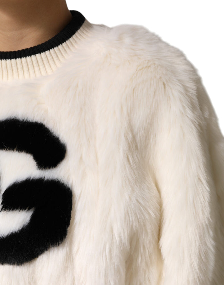 Women’s Dolce &amp; Gabbana White Cropped Faux Fur Dg Sweatshirt Sweater