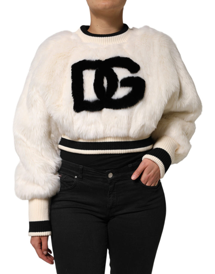 Women’s Dolce &amp; Gabbana White Cropped Faux Fur Dg Sweatshirt Sweater