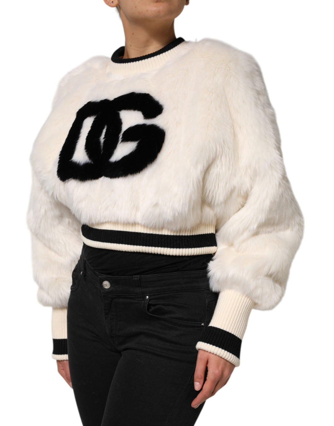 Women’s Dolce &amp; Gabbana White Cropped Faux Fur Dg Sweatshirt Sweater