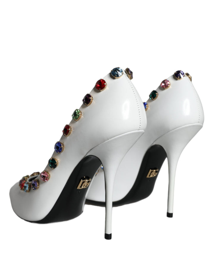 Women’s Dolce &amp; Gabbana White Crystal Leather High Heels Pumps Shoes