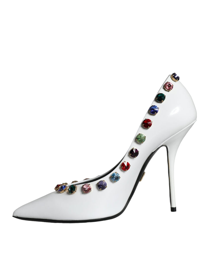 Women’s Dolce &amp; Gabbana White Crystal Leather High Heels Pumps Shoes