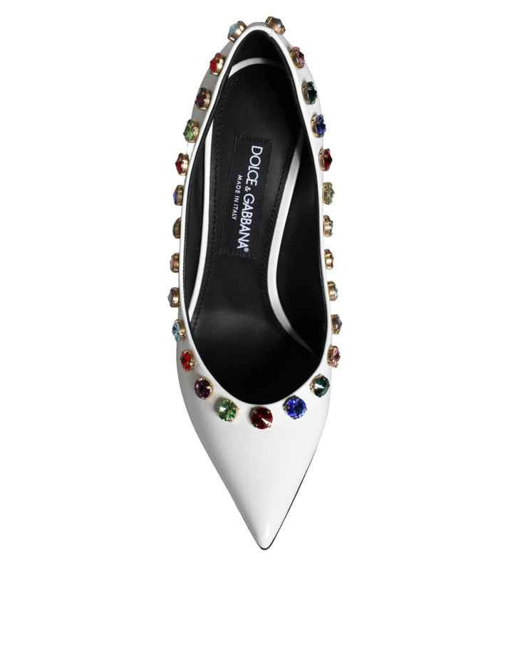 Women’s Dolce &amp; Gabbana White Crystal Leather High Heels Pumps Shoes