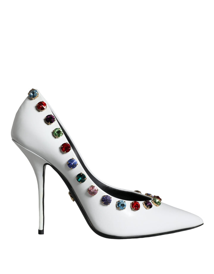 Women’s Dolce &amp; Gabbana White Crystal Leather High Heels Pumps Shoes