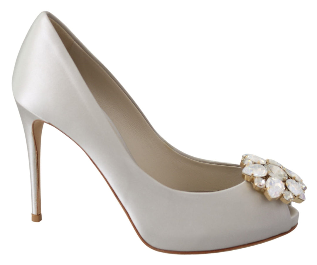 Women’s Dolce &amp; Gabbana White Crystals Peep Toe Heels Satin Pumps Shoes