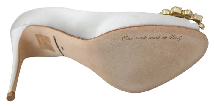 Women’s Dolce &amp; Gabbana White Crystals Peep Toe Heels Satin Pumps Shoes