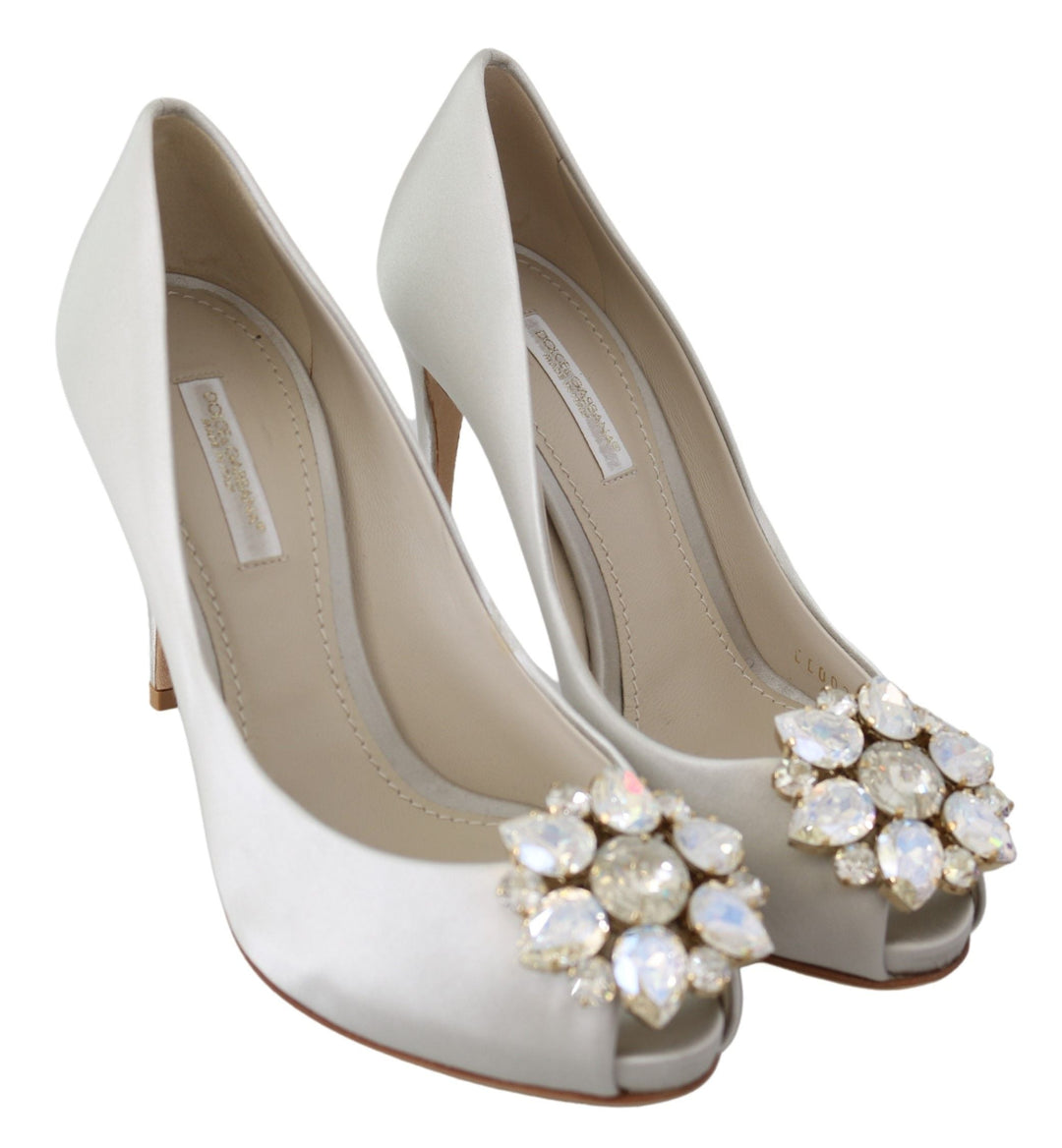Women’s Dolce &amp; Gabbana White Crystals Peep Toe Heels Satin Pumps Shoes