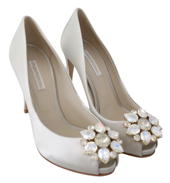 Women’s Dolce &amp; Gabbana White Crystals Peep Toe Heels Satin Pumps Shoes