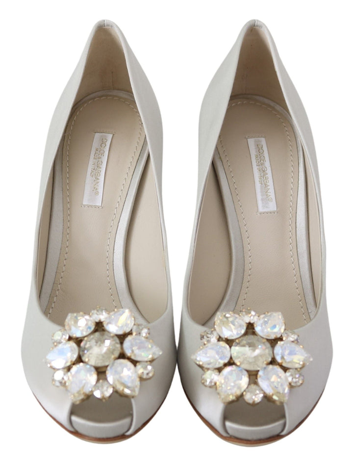 Women’s Dolce &amp; Gabbana White Crystals Peep Toe Heels Satin Pumps Shoes