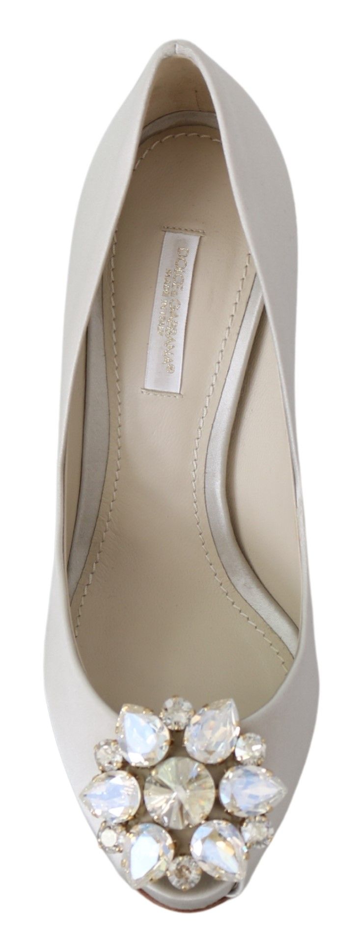 Women’s Dolce & Gabbana White Crystals Peep Toe Heels Satin Pumps Shoes