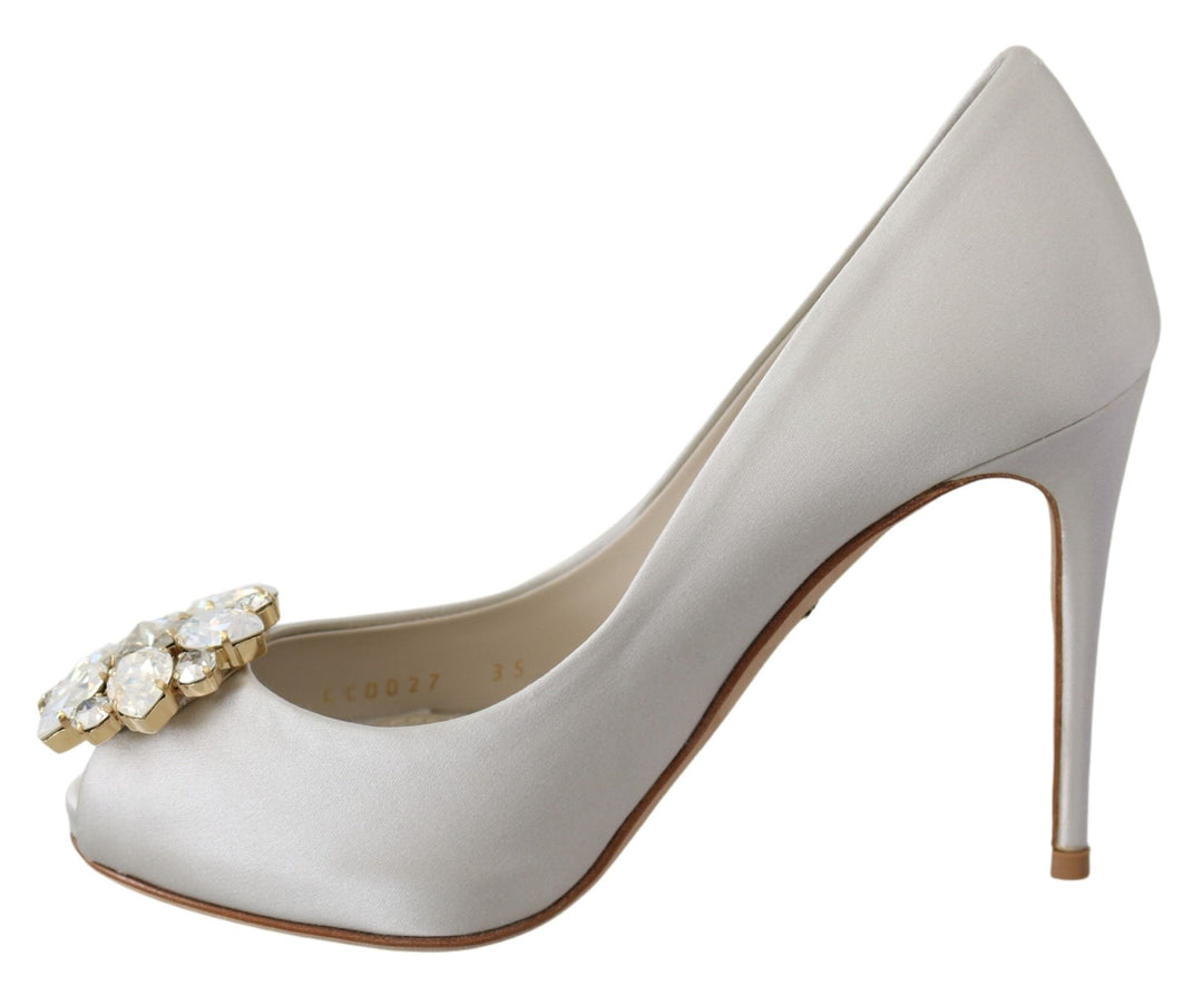 Women’s Dolce &amp; Gabbana White Crystals Peep Toe Heels Satin Pumps Shoes