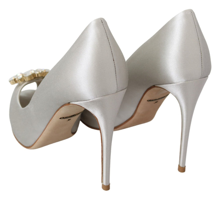 Women’s Dolce &amp; Gabbana White Crystals Peep Toe Heels Satin Pumps Shoes