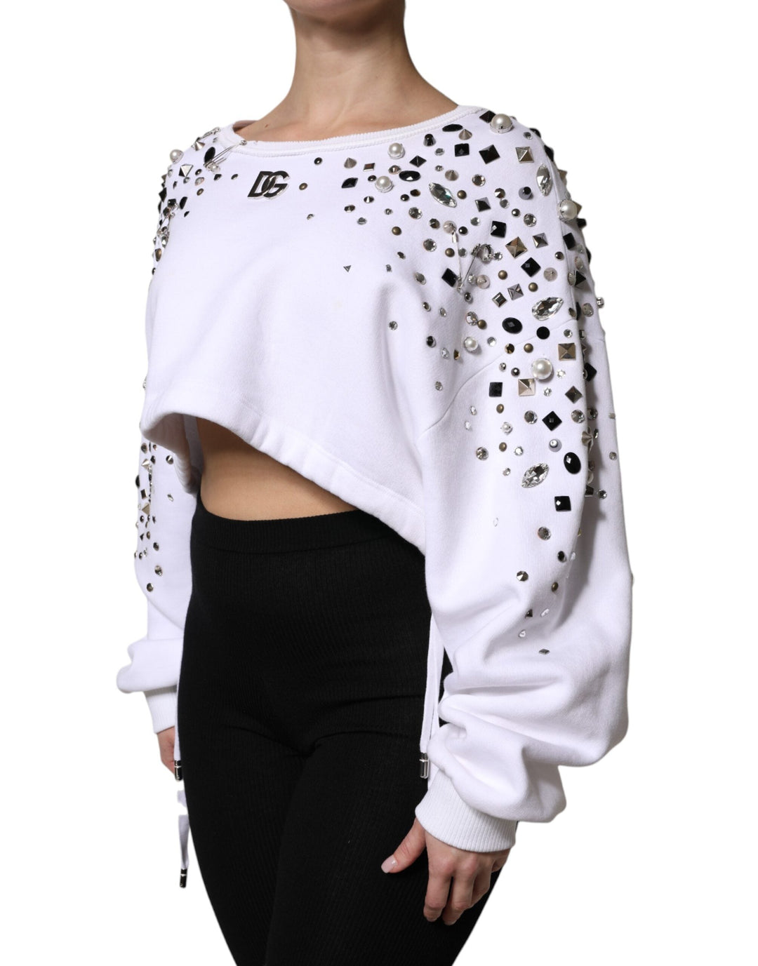Women’s Dolce &amp; Gabbana White Embellished Long Sleeve Cropped Sweater