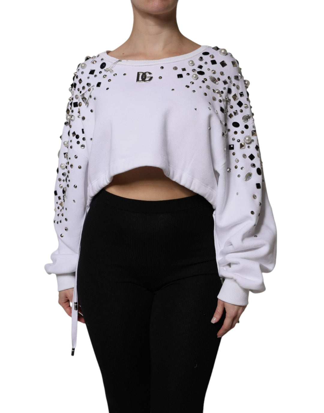 Women’s Dolce &amp; Gabbana White Embellished Long Sleeve Cropped Sweater