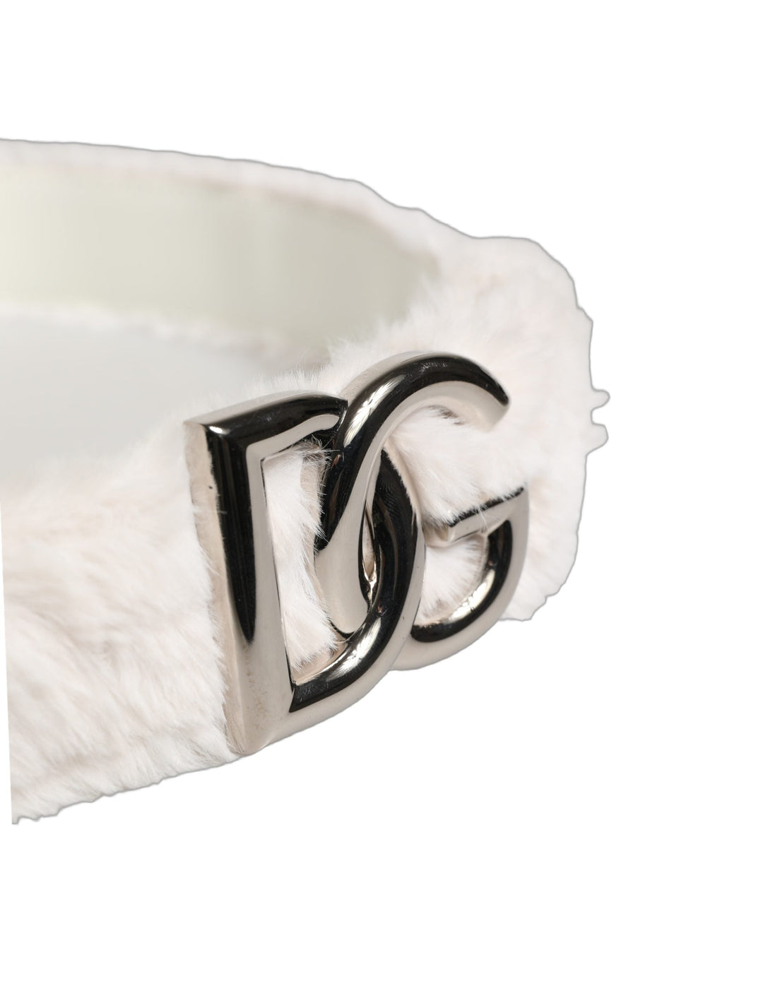 Women’s Dolce &amp; Gabbana White Fleece Silver Dg Logo Metal Buckle Belt