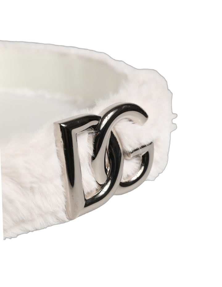 Women’s Dolce &amp; Gabbana White Fleece Silver Dg Logo Metal Buckle Belt