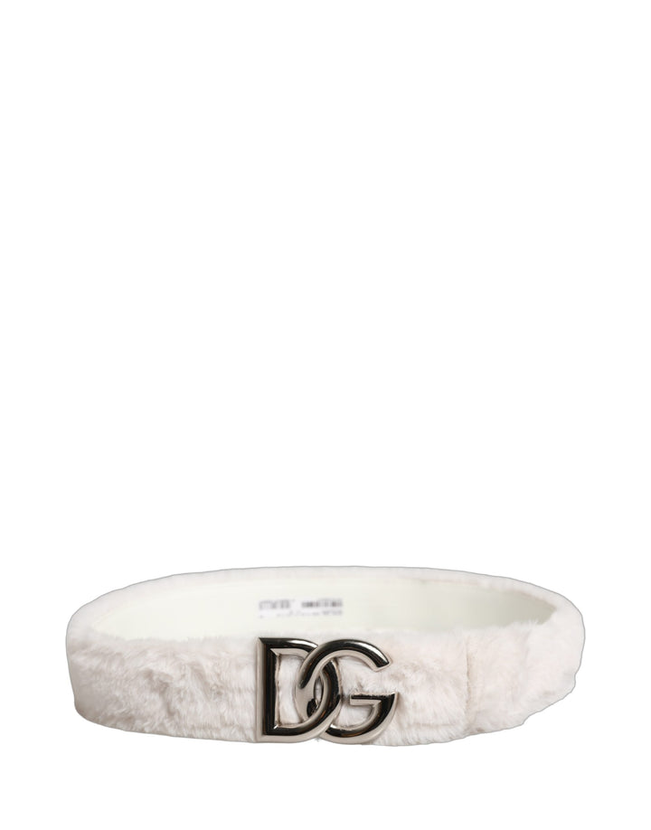 Women’s Dolce &amp; Gabbana White Fleece Silver Dg Logo Metal Buckle Belt
