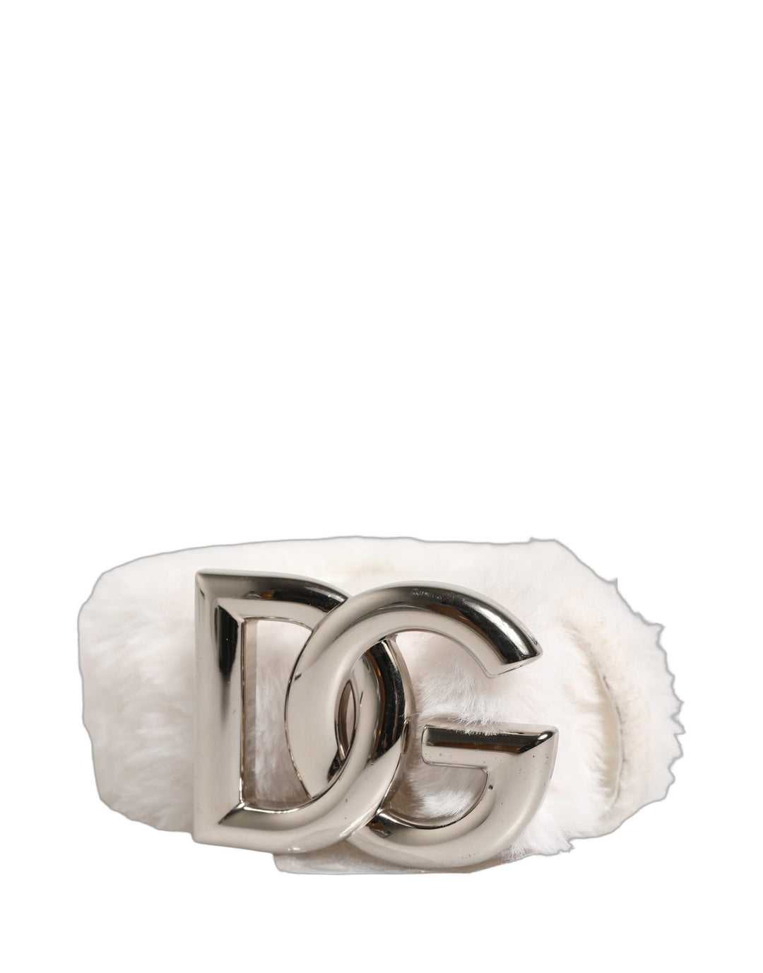 Women’s Dolce &amp; Gabbana White Fleece Silver Dg Logo Metal Buckle Belt