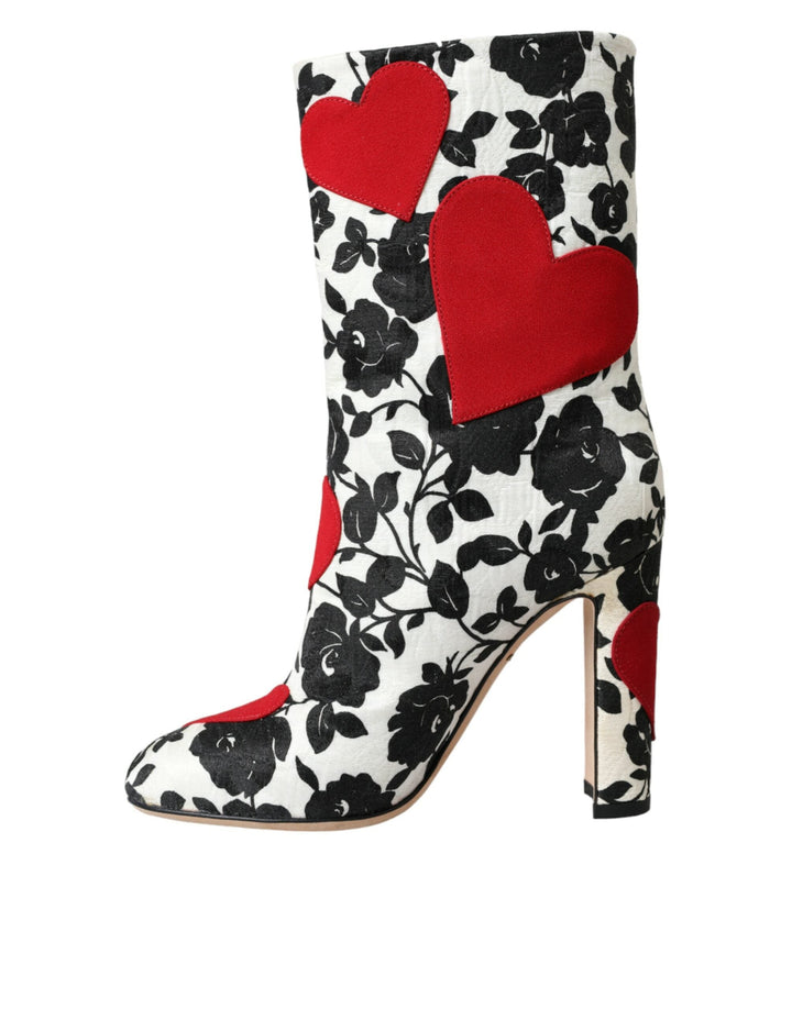 Women’s Dolce &amp; Gabbana White Floral Hearts Leather High Boots Shoes