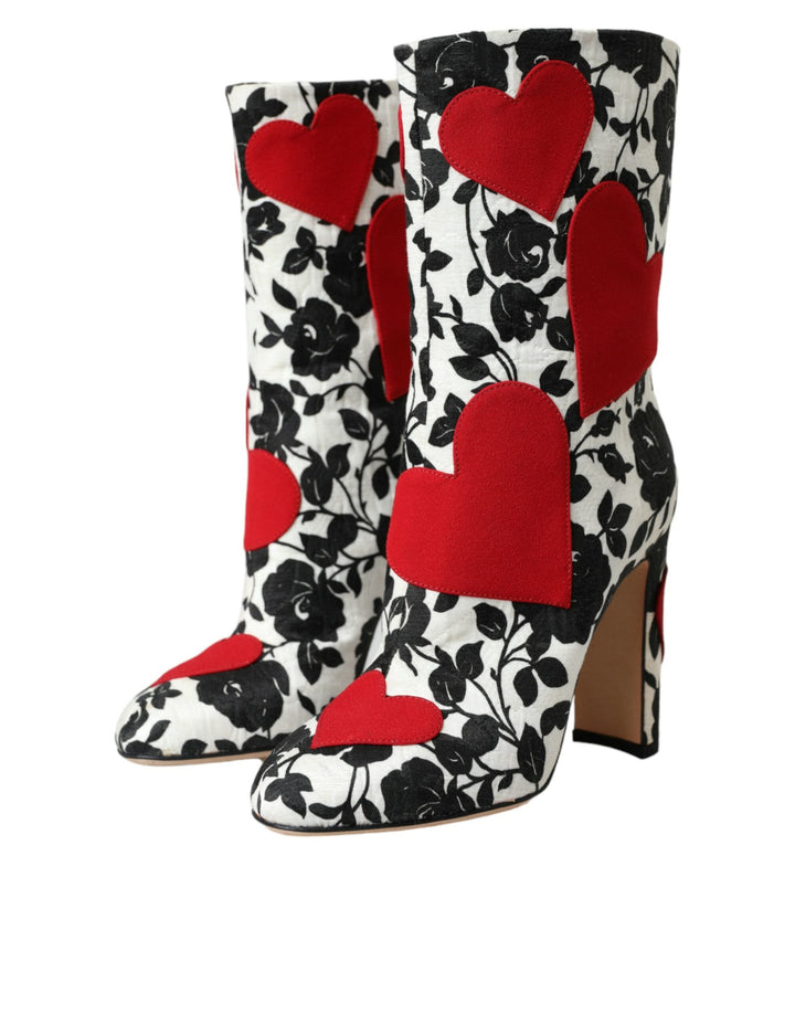 Women’s Dolce &amp; Gabbana White Floral Hearts Leather High Boots Shoes