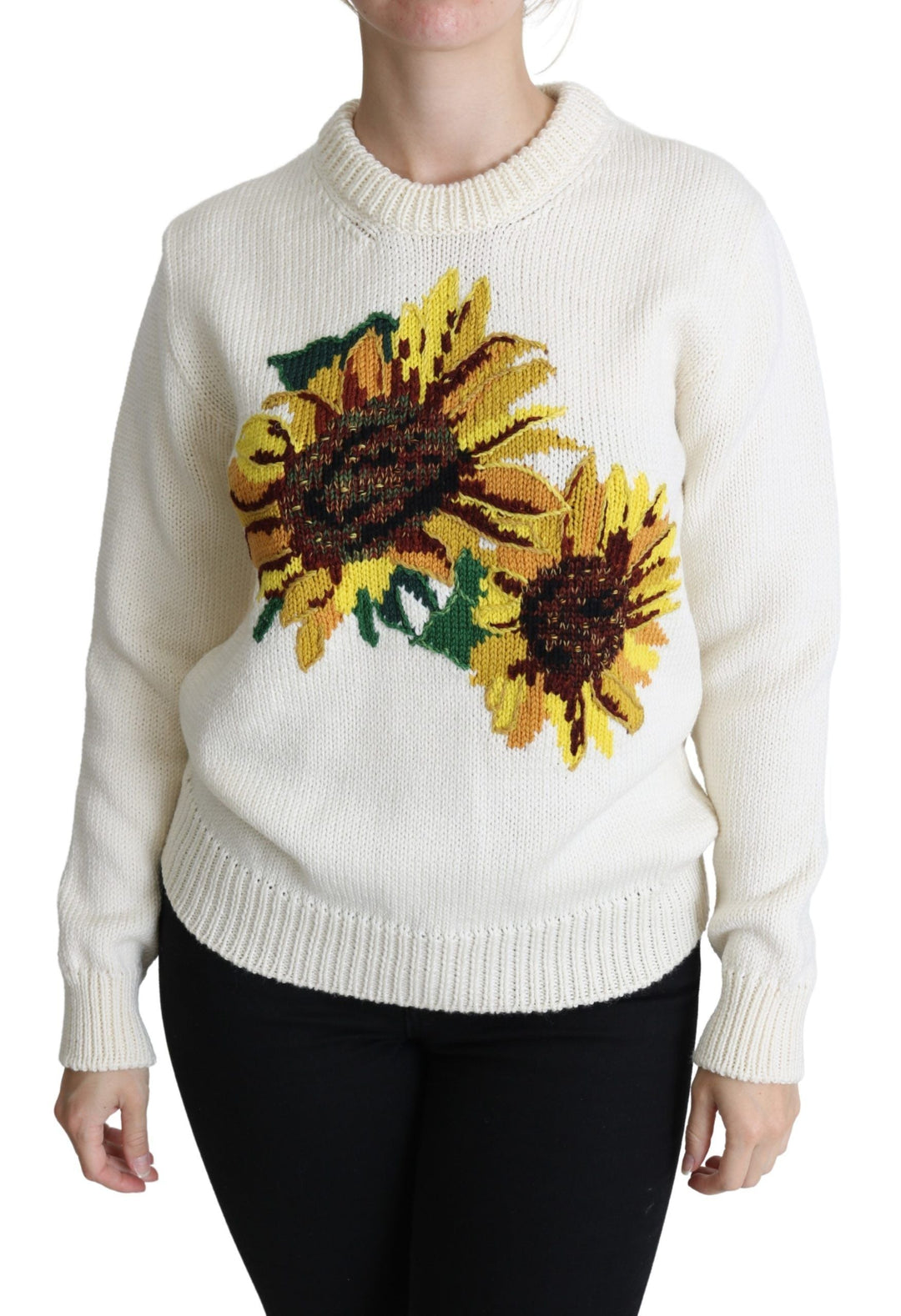 Women’s Dolce &amp; Gabbana White Floral Wool Pullover Sunflower Sweater
