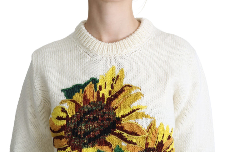 Women’s Dolce &amp; Gabbana White Floral Wool Pullover Sunflower Sweater