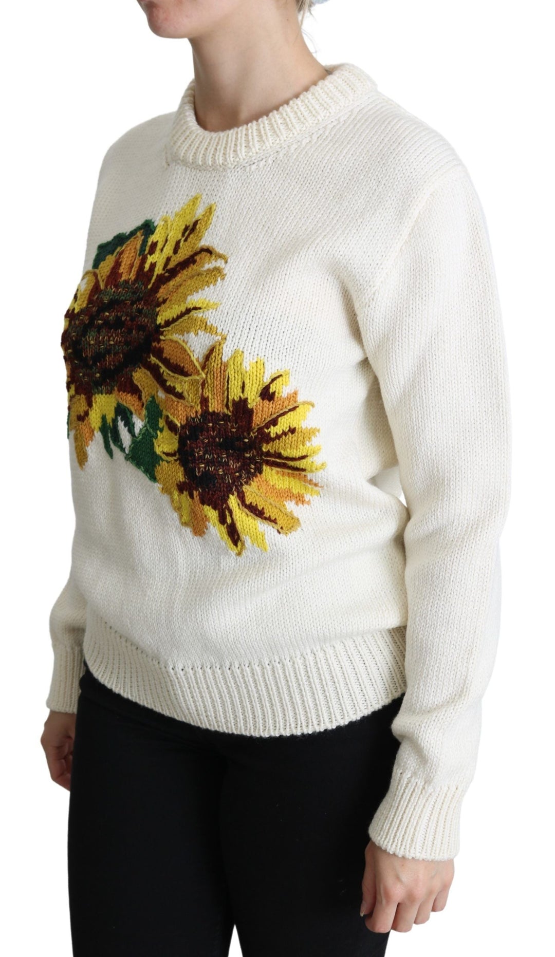 Women’s Dolce &amp; Gabbana White Floral Wool Pullover Sunflower Sweater