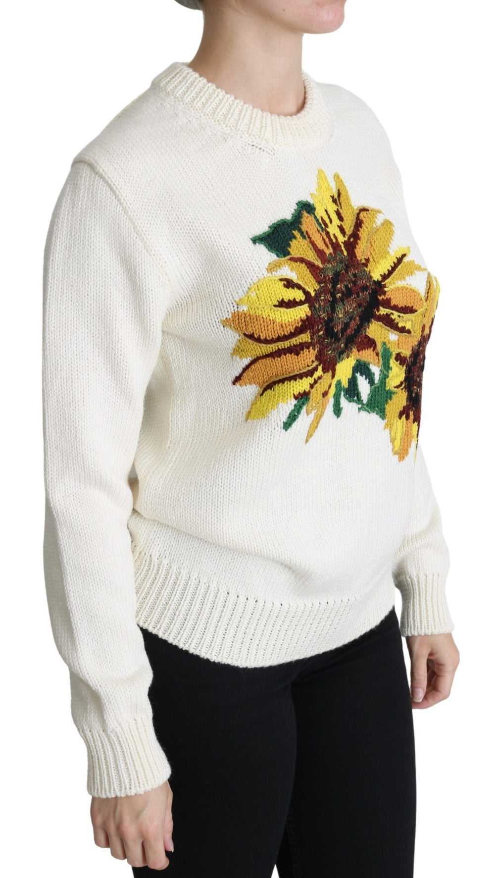 Women’s Dolce & Gabbana White Floral Wool Pullover Sunflower Sweater