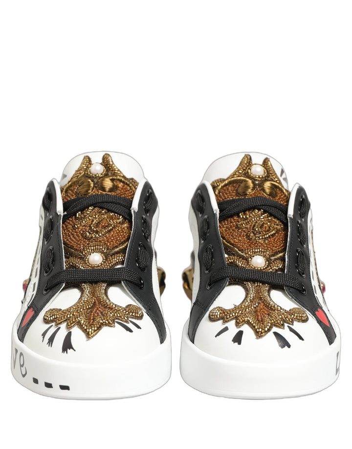 Dolce &amp; Gabbana White Gold Studded Portofino Sneakers Shoes