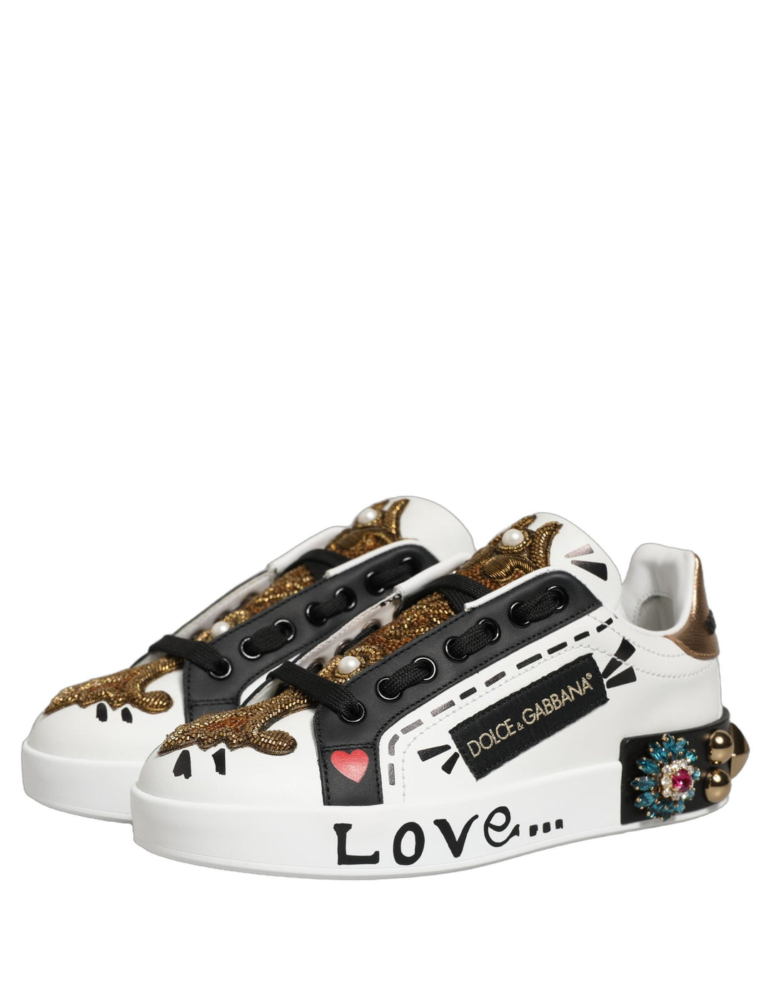 Dolce &amp; Gabbana White Gold Studded Portofino Sneakers Shoes