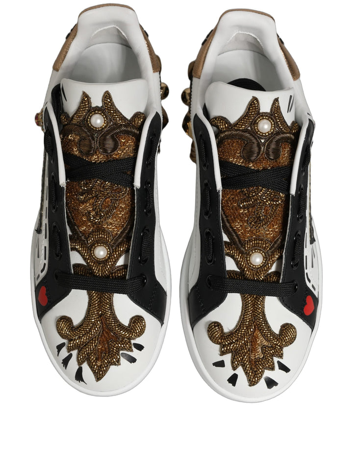 Dolce &amp; Gabbana White Gold Studded Portofino Sneakers Shoes