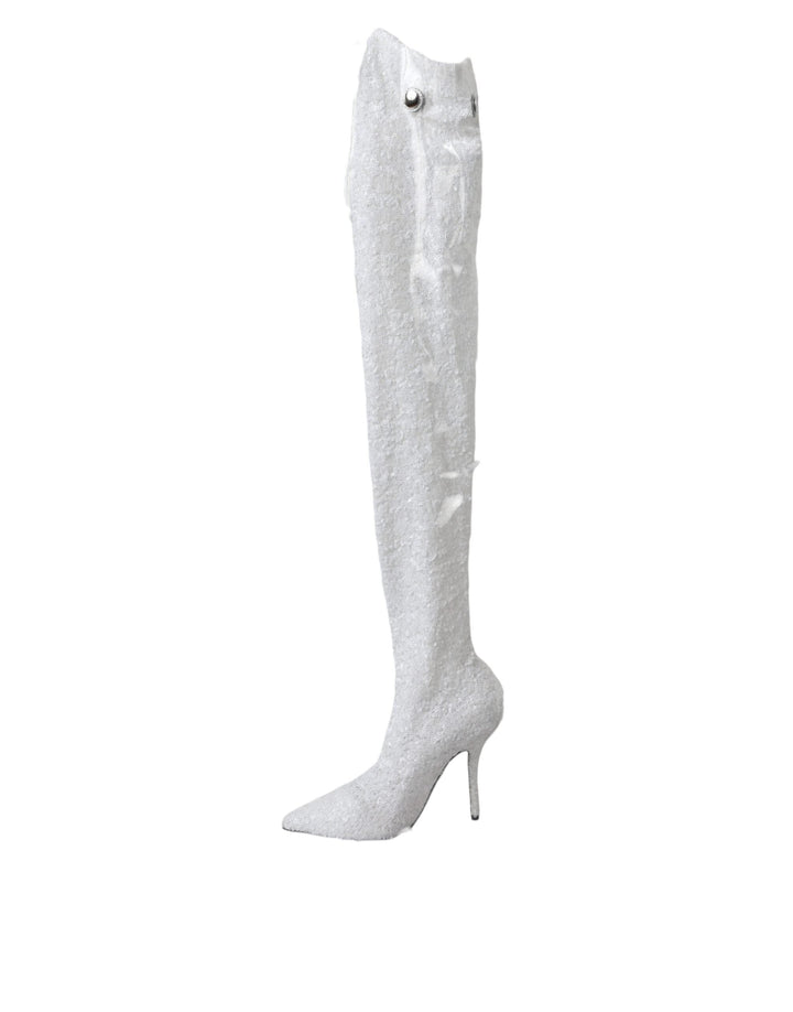 Women’s Dolce &amp; Gabbana White Heels Stiletto Knee High Boots Shoes
